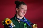 8 August 2021; Kellie Harrington of Ireland celebrates with her gold medal after defeating Beatriz Ferreira of Brazil in their women's lightweight final bout with at the Kokugikan Arena during the 2020 Tokyo Summer Olympic Games in Tokyo, Japan.  Photo by Brendan Moran/Sportsfile