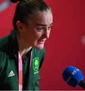 8 August 2021; Kellie Harrington of Ireland is interviewed after defeating Beatriz Ferreira of Brazil in their women's lightweight final bout with at the Kokugikan Arena during the 2020 Tokyo Summer Olympic Games in Tokyo, Japan.  Photo by Brendan Moran/Sportsfile Photo by Brendan Moran/Sportsfile