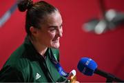 8 August 2021; Kellie Harrington of Ireland is interviewed after defeating Beatriz Ferreira of Brazil in their women's lightweight final bout with at the Kokugikan Arena during the 2020 Tokyo Summer Olympic Games in Tokyo, Japan.  Photo by Brendan Moran/Sportsfile Photo by Brendan Moran/Sportsfile