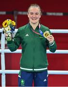 8 August 2021; Kellie Harrington of Ireland celebrates with her gold medal after defeating Beatriz Ferreira of Brazil in their women's lightweight final bout with at the Kokugikan Arena during the 2020 Tokyo Summer Olympic Games in Tokyo, Japan.  Photo by Brendan Moran/Sportsfile