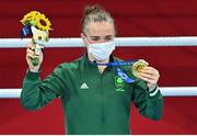 8 August 2021; Kellie Harrington of Ireland celebrates with her gold medal after defeating Beatriz Ferreira of Brazil in their women's lightweight final bout with at the Kokugikan Arena during the 2020 Tokyo Summer Olympic Games in Tokyo, Japan.  Photo by Brendan Moran/Sportsfile