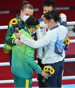 8 August 2021; Gold medallist Kellie Harrington of Ireland, left, with silver medallist Beatriz Ferreira of Brazil, second left, and bronze medallists Mira Marjut Johanna Potkonen of Finland and Sudaporn Seesondee of Thailand with their medals after the women's lightweight bouts at the Kokugikan Arena during the 2020 Tokyo Summer Olympic Games in Tokyo, Japan. Photo by Brendan Moran/Sportsfile