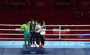 8 August 2021; Silver medallist Beatriz Ferreira of Brazil, left, gold medallist Kellie Harrington of Ireland, centre, and bronze medallists Mira Marjut Johanna Potkonen of Finland and Sudaporn Seesondee of Thailand with their medals after the women's lightweight bouts at the Kokugikan Arena during the 2020 Tokyo Summer Olympic Games in Tokyo, Japan. Photo by Brendan Moran/Sportsfile