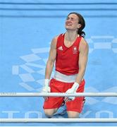 8 August 2021; Kellie Harrington of Ireland celebrates after defeating Beatriz Ferreira of Brazil in their women's lightweight final bout at the Kokugikan Arena during the 2020 Tokyo Summer Olympic Games in Tokyo, Japan. Photo by Brendan Moran/Sportsfile