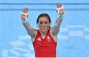 8 August 2021; Kellie Harrington of Ireland celebrates after defeating Beatriz Ferreira of Brazil in their women's lightweight final bout at the Kokugikan Arena during the 2020 Tokyo Summer Olympic Games in Tokyo, Japan. Photo by Brendan Moran/Sportsfile