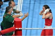 8 August 2021; Kellie Harrington of Ireland celebrates with coaches John Conlan and Zaur Antia after defeating Beatriz Ferreira of Brazil during their women's lightweight final bout at the Kokugikan Arena during the 2020 Tokyo Summer Olympic Games in Tokyo, Japan. Photo by Brendan Moran/Sportsfile