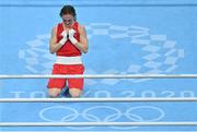 8 August 2021; Kellie Harrington of Ireland celebrates after defeating Beatriz Ferreira of Brazil in their women's lightweight final bout at the Kokugikan Arena during the 2020 Tokyo Summer Olympic Games in Tokyo, Japan. Photo by Brendan Moran/Sportsfile