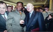 6 February 1995; WBO super middleweight champion Chris Eubank with promoter Barney Eastwood as they arrive for a press conference at the Jury's Hotel in Ballsbridge, Dublin ahead of his WBO super middleweight title fight against Steve Collins in Cork in March. Photo by David Maher/Sportsfile