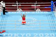 8 August 2021; Kellie Harrington of Ireland celebrates after defeating Beatriz Ferreira of Brazil in their women's lightweight final bout at the Kokugikan Arena during the 2020 Tokyo Summer Olympic Games in Tokyo, Japan. Photo by Brendan Moran/Sportsfile