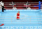 8 August 2021; Kellie Harrington of Ireland celebrates after defeating Beatriz Ferreira of Brazil in their women's lightweight final bout at the Kokugikan Arena during the 2020 Tokyo Summer Olympic Games in Tokyo, Japan. Photo by Brendan Moran/Sportsfile