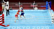 8 August 2021; Kellie Harrington of Ireland, left, and Beatriz Ferreira of Brazil during their women's lightweight final bout at the Kokugikan Arena during the 2020 Tokyo Summer Olympic Games in Tokyo, Japan. Photo by Brendan Moran/Sportsfile