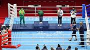 8 August 2021; Kellie Harrington of Ireland bows after receiving her gold medal after her women's lightweight final bout at the Kokugikan Arena during the 2020 Tokyo Summer Olympic Games in Tokyo, Japan. Photo by Brendan Moran/Sportsfile