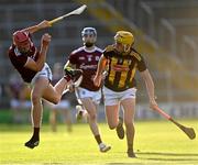 13 August 2021; Oisín Lohan of Galway is sent flying after a shoulder by Killian Doyle of Kilkenny, 9, during the Electric Ireland GAA All-Ireland hurling minor championship semi-final match between Kilkenny and Galway at Semple Stadium in Thurles, Tipperary. Photo by Piaras Ó Mídheach/Sportsfile