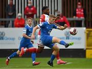 13 August 2021; Cameron Evans of Waterford in action against Nahum Melvin-Lambert of St Patrick's Athletic during the SSE Airtricity League Premier Division match between St Patrick's Athletic and Waterford at Richmond Park in Dublin. Photo by Seb Daly/Sportsfile