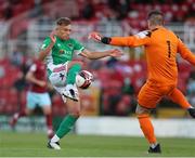 13 August 2021; Beineon O'Brien-Whitmarsh of Cork City shoots to score his side's first goal past Cobh Ramblers goalkeeper Sean Barron during the SSE Airtricity League First Division match between Cork City and Cobh Ramblers at Turners Cross in Cork. Photo by Michael P Ryan/Sportsfile