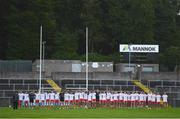 13 August 2021; The Tyrone team stand for Amhrán na bhFiann before the Electric Ireland Ulster GAA Football Minor Championship Final match between Donegal and Tyrone at Brewster Park in Enniskillen, Fermanagh. Photo by Ben McShane/Sportsfile