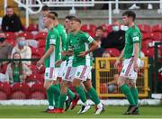 13 August 2021; Beineon O'Brien-Whitmarsh of Cork City, 9, celebrates with theam-mates after scoring his side's first goal during the SSE Airtricity League First Division match between Cork City and Cobh Ramblers at Turners Cross in Cork. Photo by Michael P Ryan/Sportsfile