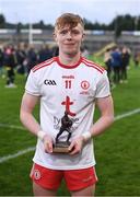 13 August 2021; Tyrone captain Cormac Devlin with the Electric Ireland Man of the Match award for his major performance in the Electric Ireland GAA Ulster Minor Football Championship Final match between Donegal and Tyrone at Brewster Park in Enniskillen, Fermanagh. Photo by Ben McShane/Sportsfile