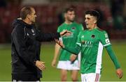 13 August 2021; Cork City manager Colin Healy congratulates Barry Coffey after the SSE Airtricity League First Division match between Cork City and Cobh Ramblers at Turners Cross in Cork. Photo by Michael P Ryan/Sportsfile