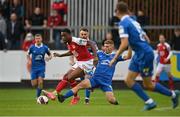 13 August 2021; Nahum Melvin-Lambert of St Patrick's Athletic in action against Cameron Evans of Waterford during the SSE Airtricity League Premier Division match between St Patrick's Athletic and Waterford at Richmond Park in Dublin. Photo by Seb Daly/Sportsfile