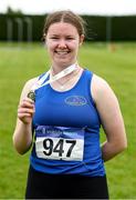 14 August 2021; Leanne Healy from Marian AC, Ennis, Clare who won gold in the under-18 Javelin during day six of the Irish Life Health National Juvenile Track & Field Championships at Tullamore Harriers Stadium in Tullamore, Offaly. Photo by Matt Browne/Sportsfile