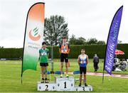 14 August 2021; Stuart Tobin from Nenagh Olympic AC, Tipperary, centre, who won gold in the boys under-15 80m Hurdles, with second place Tadhg Stephenson Wong, left, from Cabinteely AC, Dublin, and third place Gavin Witter from Ratoath AC, Meath, during day six of the Irish Life Health National Juvenile Track & Field Championships at Tullamore Harriers Stadium in Tullamore, Offaly. Photo by Matt Browne/Sportsfile