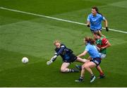 14 August 2021; Sarah Rowe of Mayo scores her side's first goal past Dublin goalkeeper Ciara Trant during the TG4 Ladies Football All-Ireland Championship semi-final match between Dublin and Mayo at Croke Park in Dublin. Photo by Stephen McCarthy/Sportsfile