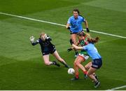 14 August 2021; Sarah Rowe of Mayo scores her side's first goal past Dublin goalkeeper Ciara Trant during the TG4 Ladies Football All-Ireland Championship semi-final match between Dublin and Mayo at Croke Park in Dublin. Photo by Stephen McCarthy/Sportsfile