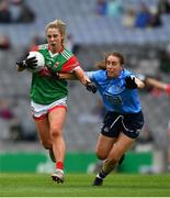 14 August 2021; Sinéad Cafferky of Mayo in action against Siobhán McGrath of Dublin during the TG4 Ladies Football All-Ireland Championship semi-final match between Dublin and Mayo at Croke Park in Dublin. Photo by Ray McManus/Sportsfile