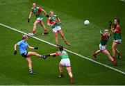 14 August 2021; Siobhán Killeen of Dublin gets her shot away despite the attention of Clodagh McManamon, 4, and her Mayo team-mates during the TG4 Ladies Football All-Ireland Championship semi-final match between Dublin and Mayo at Croke Park in Dublin. Photo by Stephen McCarthy/Sportsfile