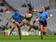 14 August 2021; Rachel Kearns of Mayo in action against Aoife Kane, left, and Lauren Magee of Dublin during the TG4 Ladies Football All-Ireland Championship semi-final match between Dublin and Mayo at Croke Park in Dublin. Photo by Ray McManus/Sportsfile
