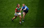14 August 2021; Saoirse Lally of Mayo in action against Lauren Magee of Dublin during the TG4 Ladies Football All-Ireland Championship semi-final match between Dublin and Mayo at Croke Park in Dublin. Photo by Stephen McCarthy/Sportsfile
