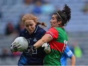 14 August 2021; Dublin goalkeeper Ciara Trant is tackled by Rachel Kearns of Mayo during the TG4 Ladies Football All-Ireland Championship semi-final match between Dublin and Mayo at Croke Park in Dublin. Photo by Piaras Ó Mídheach/Sportsfile