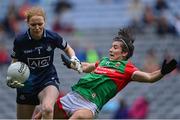 14 August 2021; Dublin goalkeeper Ciara Trant in action against Rachel Kearns of Mayo during the TG4 Ladies Football All-Ireland Championship semi-final match between Dublin and Mayo at Croke Park in Dublin. Photo by Piaras Ó Mídheach/Sportsfile