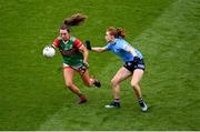 14 August 2021; Niamh Kelly of Mayo in action against Lauren Magee of Dublin during the TG4 Ladies Football All-Ireland Championship semi-final match between Dublin and Mayo at Croke Park in Dublin. Photo by Stephen McCarthy/Sportsfile