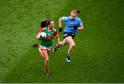 14 August 2021; Niamh Kelly of Mayo in action against Lauren Magee of Dublin during the TG4 Ladies Football All-Ireland Championship semi-final match between Dublin and Mayo at Croke Park in Dublin. Photo by Stephen McCarthy/Sportsfile