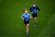 14 August 2021; Lauren Magee of Dublin leaves the pitch with a blood injury accompanied by team doctor Noëlle Healy during the TG4 Ladies Football All-Ireland Championship semi-final match between Dublin and Mayo at Croke Park in Dublin. Photo by Stephen McCarthy/Sportsfile