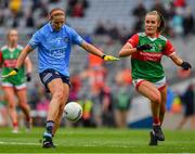 14 August 2021; Orlagh Nolan of Dublin in action against Tara Needham of Mayo during the TG4 Ladies Football All-Ireland Championship semi-final match between Dublin and Mayo at Croke Park in Dublin. Photo by Ray McManus/Sportsfile