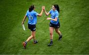14 August 2021; Hannah Tyrrell, left, and Olwen Carey of Dublin celebrate following the TG4 Ladies Football All-Ireland Championship semi-final match between Dublin and Mayo at Croke Park in Dublin. Photo by Stephen McCarthy/Sportsfile