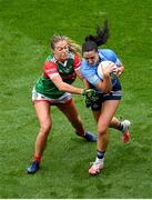 14 August 2021; Sinéad Goldrick of Dublin in action against Sarah Rowe of Mayo during the TG4 Ladies Football All-Ireland Championship semi-final match between Dublin and Mayo at Croke Park in Dublin. Photo by Stephen McCarthy/Sportsfile