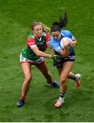 14 August 2021; Sinéad Goldrick of Dublin in action against Sarah Rowe of Mayo during the TG4 Ladies Football All-Ireland Championship semi-final match between Dublin and Mayo at Croke Park in Dublin. Photo by Stephen McCarthy/Sportsfile