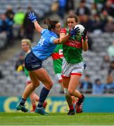 14 August 2021; Clodagh McManamon of Mayo in action against Niamh McEvoy of Dublin during the TG4 Ladies Football All-Ireland Championship semi-final match between Dublin and Mayo at Croke Park in Dublin. Photo by Ray McManus/Sportsfile