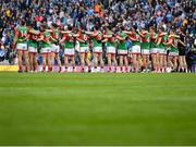 14 August 2021; Mayo players during Amhrán na bhFiann before the GAA Football All-Ireland Senior Championship semi-final match between Dublin and Mayo at Croke Park in Dublin. Photo by Seb Daly/Sportsfile