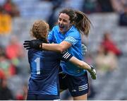 14 August 2021; Dublin players Ciara Trant, left, and Lyndsey Davey celebrate after their side's victory in the TG4 Ladies Football All-Ireland Championship semi-final match between Dublin and Mayo at Croke Park in Dublin. Photo by Piaras Ó Mídheach/Sportsfile