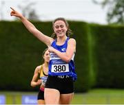 14 August 2021; Cara Laverty from Finn Valley AC, Donegal, celebrates after winning the under-19 1500m during day six of the Irish Life Health National Juvenile Track & Field Championships at Tullamore Harriers Stadium in Tullamore, Offaly. Photo by Matt Browne/Sportsfile