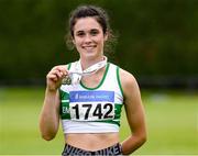 14 August 2021; Laura Frawley from Emerald AC, Limerick, after winning gold in the girls under-18 Long Jump and High Jump during day six of the Irish Life Health National Juvenile Track & Field Championships at Tullamore Harriers Stadium in Tullamore, Offaly. Photo by Matt Browne/Sportsfile