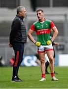 14 August 2021; Mayo manager James Horan and Eoghan McLaughlin in conversation during the GAA Football All-Ireland Senior Championship semi-final match between Dublin and Mayo at Croke Park in Dublin. Photo by Seb Daly/Sportsfile