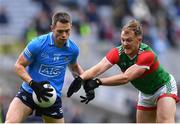 14 August 2021; Dean Rock of Dublin in action against Darren McHale of Mayo during the GAA Football All-Ireland Senior Championship semi-final match between Dublin and Mayo at Croke Park in Dublin. Photo by Piaras Ó Mídheach/Sportsfile