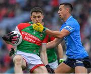 14 August 2021; Patrick Durcan of Mayo is tackled by Cormac Costello of Dublin during the GAA Football All-Ireland Senior Championship semi-final match between Dublin and Mayo at Croke Park in Dublin. Photo by Ray McManus/Sportsfile