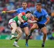14 August 2021; Patrick Durcan of Mayo in action against Jonny Cooper, right, and Cormac Costello of Dublin during the GAA Football All-Ireland Senior Championship semi-final match between Dublin and Mayo at Croke Park in Dublin. Photo by Ray McManus/Sportsfile